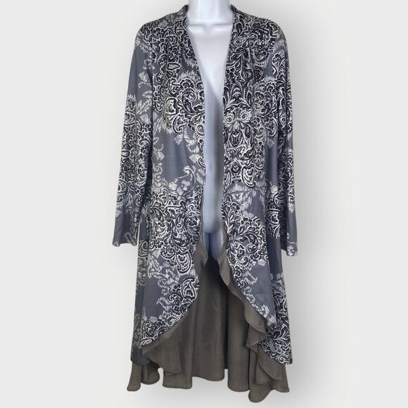 Reborn Womens Open Duster | M | Gray | Chiffon Trim | Boho Artsy Lagenlook - Picture 1 of 10